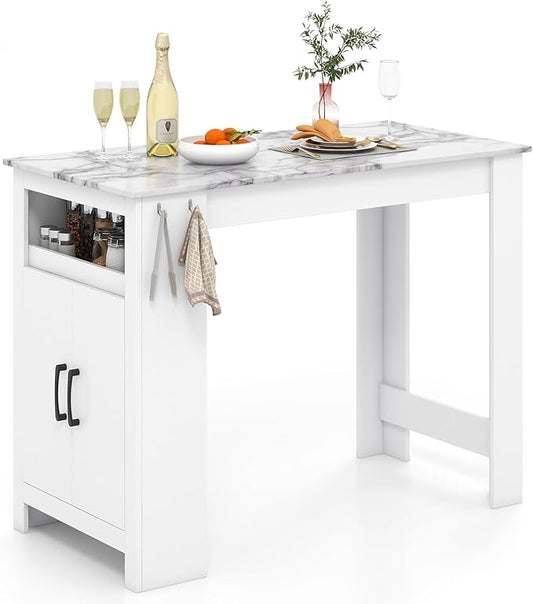 Giantex Counter Height Dining Table with 7 Hanging Hooks, Compartment, Cabinet & Adjustable Shelf, Faux Marble Tabletop, Bar Table for Pub Kitchen Small Space (White, 47"x23.5"x35.5")