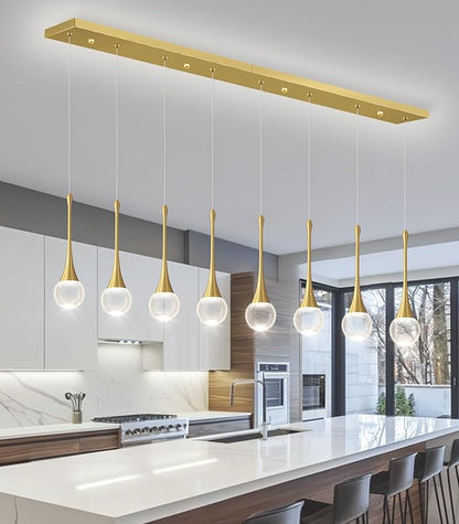 Rectangular Crystal Pendant Lights for Kitchen Island 8 Light Dimmable Crystal Chandelier Lighting Fixtures with Remote for Dining Room Living Room Gold