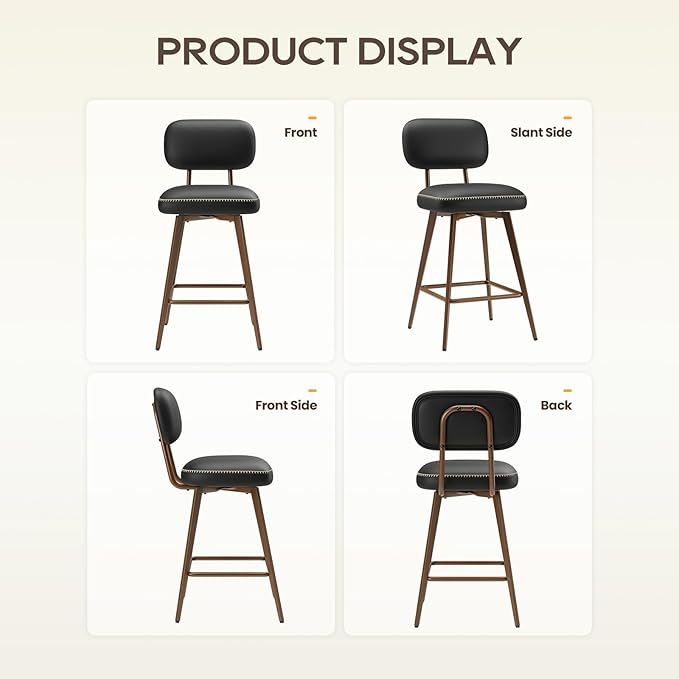 MALOL 26“ Swivel Bar Stools Set of 2, Mid Century PU Leather Counter Height Bar Chairs with Low Back and Metal Legs, Modern Bar Stool Chair for Kitchen Island, Black