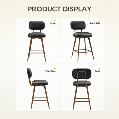 MALOL 26“ Swivel Bar Stools Set of 2, Mid Century PU Leather Counter Height Bar Chairs with Low Back and Metal Legs, Modern Bar Stool Chair for Kitchen Island, Black