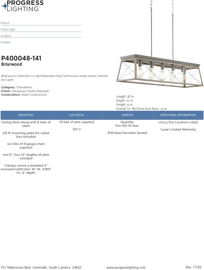 Progress Lighting Briarwood Collection 5-Light Dining Room Light Fixture, Farmhouse Style Modern Chandelier for Kitchen and Dining Room, 38" by 9", Bleached Oak