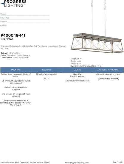 Progress Lighting Briarwood Collection 5-Light Dining Room Light Fixture, Farmhouse Style Modern Chandelier for Kitchen and Dining Room, 38" by 9", Bleached Oak