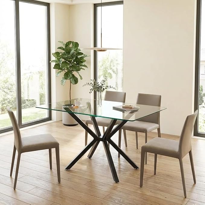 47.24" Rectangular Glass Dining Table, Tempered Glass Small Kitchen Table with Metal Tubular Legs, Stylish and Sturdy Clear Dinner Table for Home and Outdoor