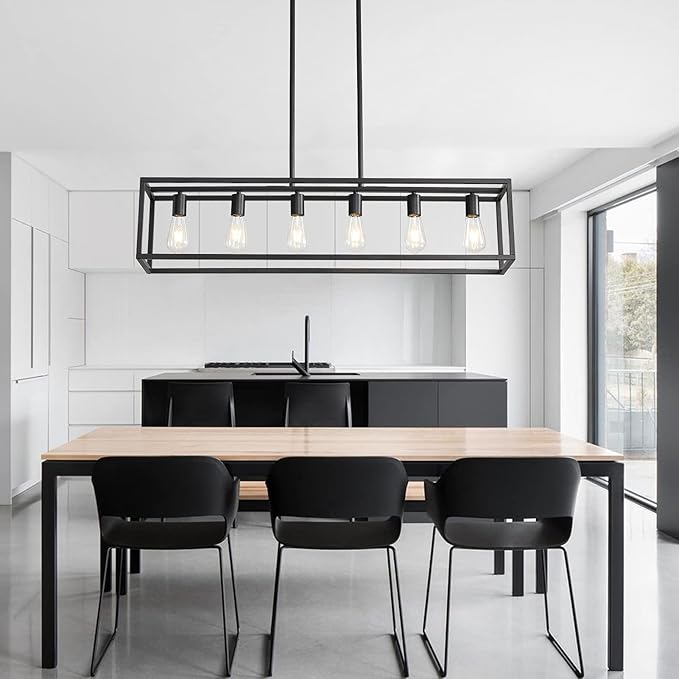 41'' Dining Room Light Fixture, 6-Light Black Chandeliers for Dining Room, Linear Kitchen Light Fixtures, Modern & Farmhouse Style, Rectangle, Height Adjustable (E26, Metal)