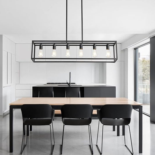 41'' Dining Room Light Fixture, 6-Light Black Chandeliers for Dining Room, Linear Kitchen Light Fixtures, Modern & Farmhouse Style, Rectangle, Height Adjustable (E26, Metal)