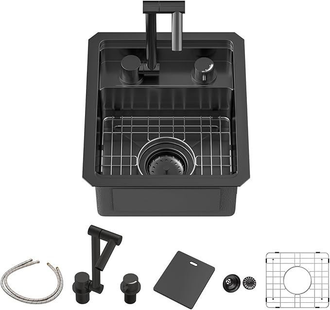 Sarlai Undermount Bar Sink, 13x15 Inch Undermount Outdoor Sink Workstation with Foldable Faucet Bar Prep Single Bowl Gunmetal Black 16 Gauge Stainless Steel Sinks with Cover BBQ Sinks Outside