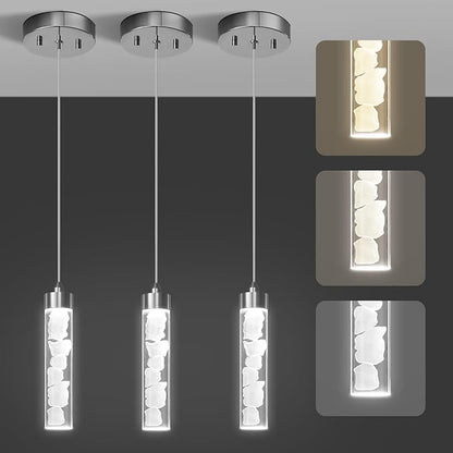 Pendant Lights Kitchen Island 3 Pack,3CCT Modern Crystal Stone Pendant Light Fixtures,Dimmable LED Kitchen Island Lighting,Adjustable Chrome Hanging Light Fixture for Dining Room Hallway, ETL Listed