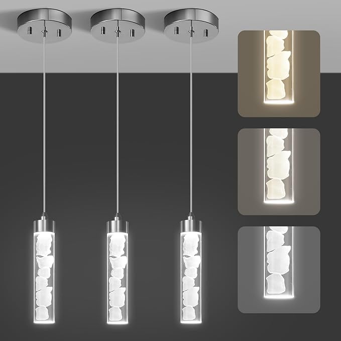 Pendant Lights Kitchen Island, Modern Mini Pendant Light Fixtures with Crystal Stone, Dimmable LED Chandelier, Chrome Hanging Light Fixture for Dining Room Hallway, 3000K/4000K/5000K Adjustable, ETL