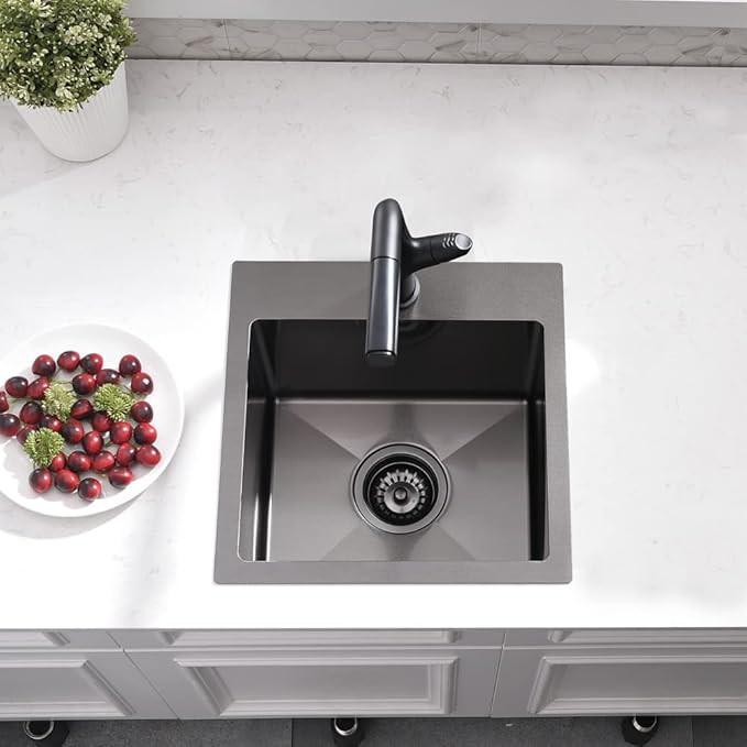 15 Inch Black Bar Sink Drop In,15x15 Drop In Bar Sink Stainless Steel Top Mount Rv Outdoor Sink 16 Gauge Deep Single Bowl Small Kitchen Sink with Dish Grid& Strainer