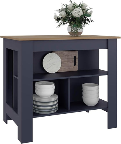 40" Extra Countertop Extendable Dining Table, Work Island with Functional Storage, Kitchen Island Table with Comfortable Prep Space for Kitchen Meal Prep and Storage, Blue + Natural Oak