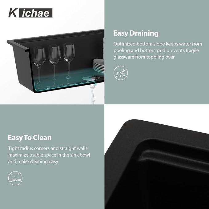 Kichae 33 Granite Composite Kitchen Sink - 33"x19" Granite Kitchen Sink Ledge Workstation Undermount Black Quartz 10" Deep Under Counter Single Bowl Sink Basin