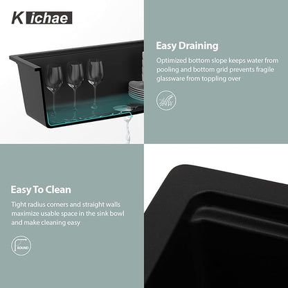 Kichae 32 Granite Composite Kitchen Sink - 32"x19" Granite Kitchen Sink Ledge Workstation Undermount Black Quartz 10" Deep Under Counter Single Bowl Sink Basin