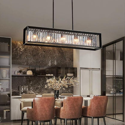 Crystal Black Chandeliers for Dining Room, Modern Linear Chandelier with 5 Light, Rectangle Farmhouse Semi Flush Mount Ceiling Pendant Light Fixture for Kitchen Island