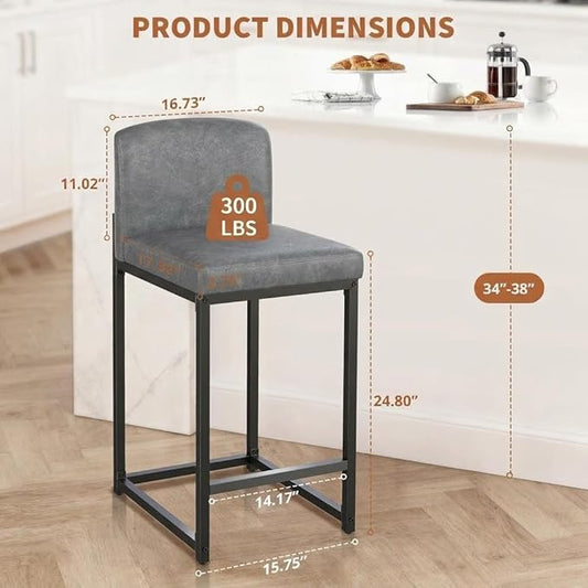 GarveeHome Bar Stools Set of 2, Modern Counter Height Bar Stools with Back and Footrest, Faux Leather Upholstered Barstools Chairs for Kitchen Island Dining Room Bar, Grey