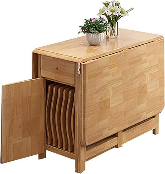 Solid Wood Folding Dining Table with Storage,Rectangular Island Kitchen Table with Drawers,Small Space Drop Leaf Foldable Table with Wheels,Table Only-No Chairs(34.5" D x 51" W x 29.5" H, Natural)