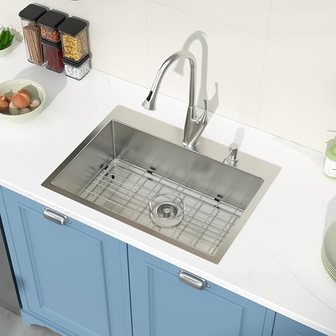 Drop in Kitchen Sink 25X18 Inch 16 Gauge Stainless Steel Handmade Topmount Kitchen Sink Single Bowl - 8 Inches Deep