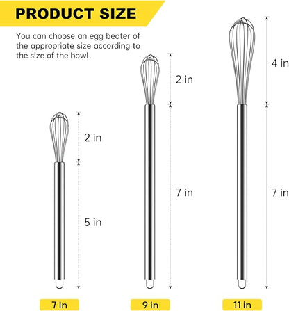 NileHome Mini Whisks Stainless Steel Whisk Set 7" 9" 11"Kitchen Small Wisk Balloon Wire Tiny Whisks for Cooking, Whisking, Blending, Beating, Stirring 3 Pack