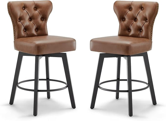 KISLOT Counter Height Barstools 26 inch Upholstered Button Tufted Swivel Bar Stools with Back for Kitchen Island,Set of 2,Brown PU Leather