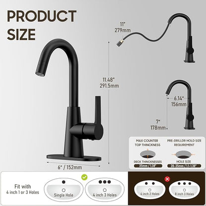 Phiestina High Arc Bathroom Sink Faucet with Pull Down Sprayer, Tall Matte Black Single Handle Pull Out Faucet with Pop-Up Drain, 1 or 3 Hole Laundry Bar Basin Faucet with Deck Plate WE10CL-ZY-MB