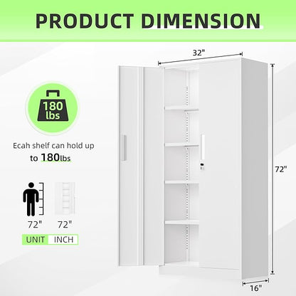 INTERGREAT White Metal Storage Cabinet, 72" Locking Steel Cabinets with 2 Door and 4 Adjustable Shelves, Tall Metal Cabinet for Home Office, Garage, Warehouse