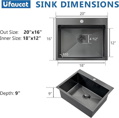 20 Inch Drop In Kitchen Sink Black, 20 x 16 Gunmetal Black Stainless Steel Single Bowl Top Mount Drop In Bar Wet Prep RV Outdoor Kitchen Sink, 16 Gauge Brushed Nickel