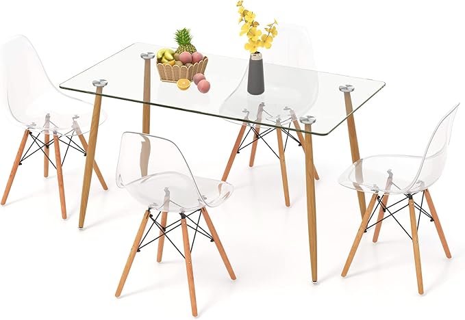 Giantex 5-Piece Dining Table Set, Modern Dinette Set of 5, 51" L X 27.5" W Table & Chair Set for 5, Rectangular Glass Dining Table & 4 Transparent Chairs for Dining Room, Kitchen, Living Room