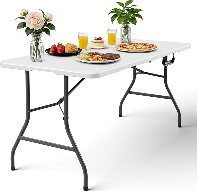 Folding Table 5FT Heavy Duty Plastic Table, Foldable&Portable, Fold-in-Half Utility Tables for Outdoor, Dining, Wedding, Events, Indoor, Picnic, Camping, Party,White