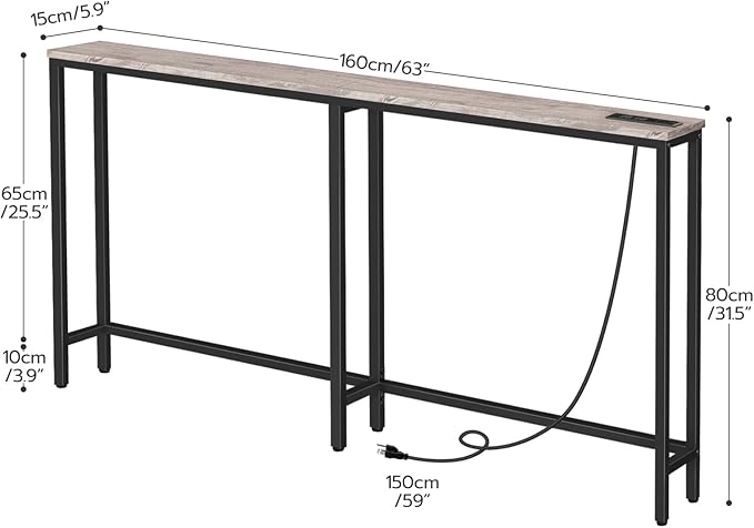 HOOBRO 63" Narrow Console Table with Charging Station, 5.9" Slim Sofa Table Behind Couch, 2 AC Outlets & USB-C Ports, Long Entryway Tables for Small Spaces, Livingroom, Greige BG165UXG01G1