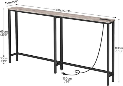 HOOBRO 63" Narrow Console Table with Charging Station, 5.9" Slim Sofa Table Behind Couch, 2 AC Outlets & USB-C Ports, Long Entryway Tables for Small Spaces, Livingroom, Greige BG165UXG01G1