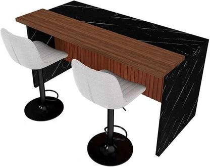63" Modern Kitchen Island Set with 2 Beige Stools Black Marble Look, LED Lighting & Grill Design for Dining Room, Open Concept Spaces, Lounge Decor