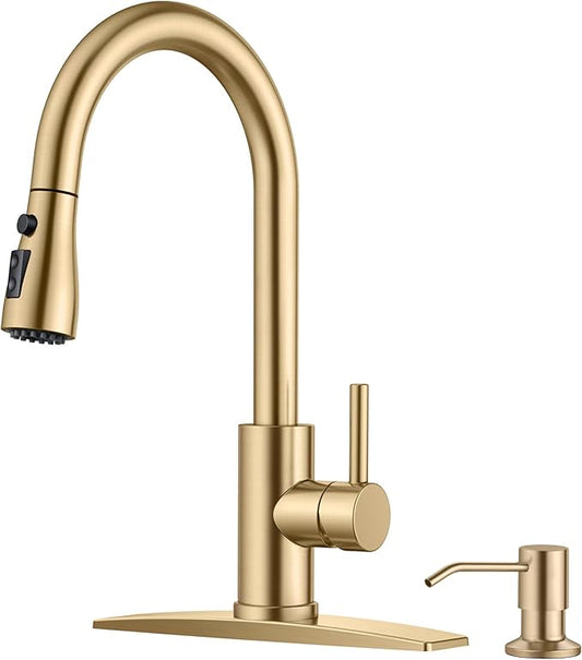 FORIOUS Gold Kitchen Faucet with Soap Dispenser and Pull Down Sprayer, Bar High Arc Single Handle Classic 3 Modes Stainless Steel Faucet for Kitchen Sink Farmhouse RV Laundry Camper