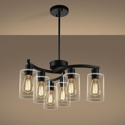 CNRATYE 6-Light Modern Farmhouse Black Chandelier, Contemporary Dining Room Light Fixture, Adjustable Height Hanging Industrial Pendant Lights Kitchen Island, Clear Glass Shade