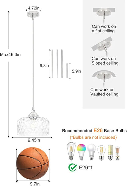 Brushed Nickel Pendant Lights Kitchen Island, Modern Hammered Glass Kitchen Pendant Lighting Over Island, Hanging Bathroom Light Fixtures Adjustable Pendant Light for Hallway Entryway Dining Room