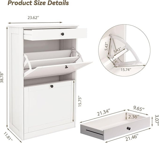 FTZxHKLX Shoe Cabinet with 2 Flip Drawers Set of 2, Small Wood Modern Shoe Organizer with Adjustable Shelf, Narrow Freestanding Hidden Shoe Cabinet Storage for Entryway, Hallway, Living Room, White