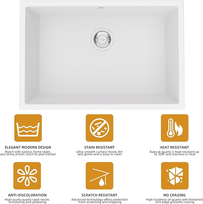 Quartz Kitchen Sink, 27 Inch White Undermount Kitchen Sinks, Deep Single Bowl Granite Composite Sink, Modern Sinks Providing Complete Accessories, Spacious Workspace and Easy Cleaning