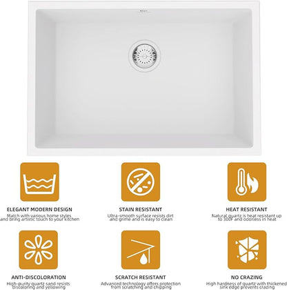 Quartz Kitchen Sink, 27 Inch White Undermount Kitchen Sinks, Deep Single Bowl Granite Composite Sink, Modern Sinks Providing Complete Accessories, Spacious Workspace and Easy Cleaning