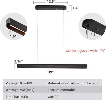 YISDESIGN 39inch Integrated Led Pendant Light,24w Dimmable Wood Linear Pendant Lighting,Led Modern Island Light with Black Finish,for Kitchen Island,Dining Room,Billiard & Pool Lights