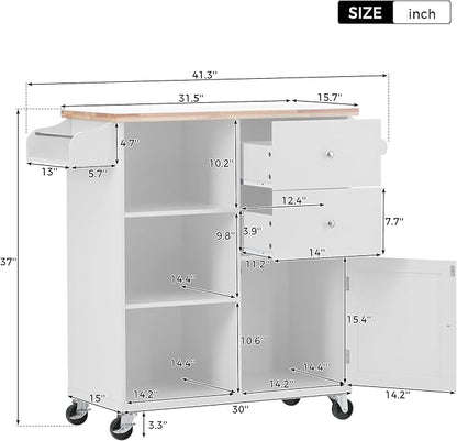 Fashion Store Kitchen Island Cart with Rubber Wood Top and 2 Drawers,4 Wheels and 3 Open Shelves,for Kitchen,Dining Room,Bathroom,Living Room (White@E)
