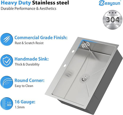 30 Inch Drop in Kitchen Sink 30x22 Drop in Kitchen Sink 16 Gague Topmount Stainless Steel Single Bowl Handmade Sinks Large Deep Basin 30"x22"x9"