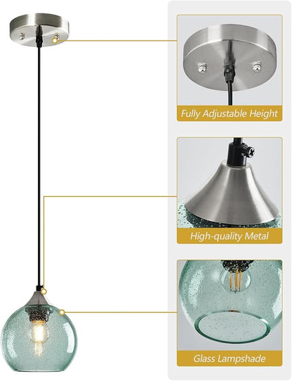 Light Green Glass Pendant Lights Kitchen Island Globe Pendant Light Fixtures Modern Pendant Lighting for Bedroom Living Dining Room Light Fixture (5.9 in, 3 Pack)