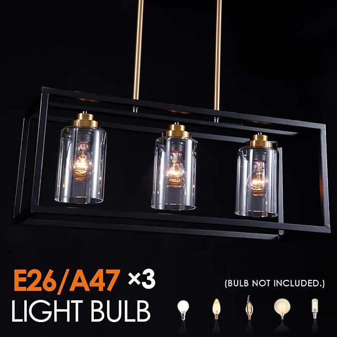 Black Farmhouse Kitchen Island Lighting, Modern Industrial Chandelier, 3-Light Linear Rectangular Pendant Light Fixtures for Farmhouse Kitchen Dining Room Bar Foyer(Metal, Height Adjustable)