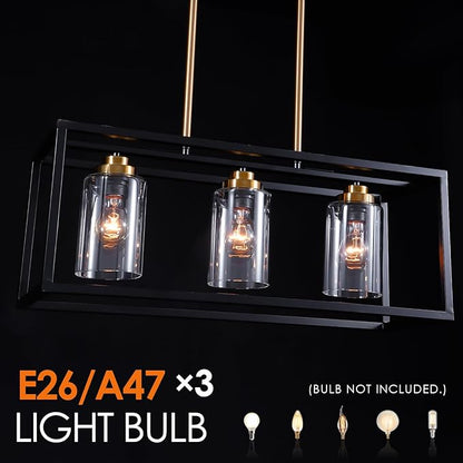 Black Farmhouse Kitchen Island Lighting, Modern Industrial Chandelier, 3-Light Linear Rectangular Pendant Light Fixtures for Farmhouse Kitchen Dining Room Bar Foyer(Metal, Height Adjustable)