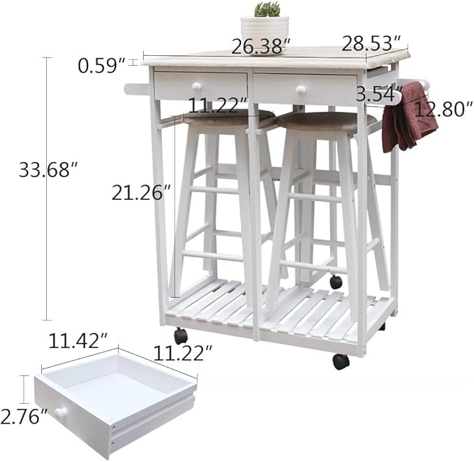 3PCS Wood Dining Table Set with Rolling Casters Breakfast Cart Set with One Side Folding Drop Leaf 2 Drawers Kitchen Island Cart with 2 Stools Space Saving for Kitchen Living Room