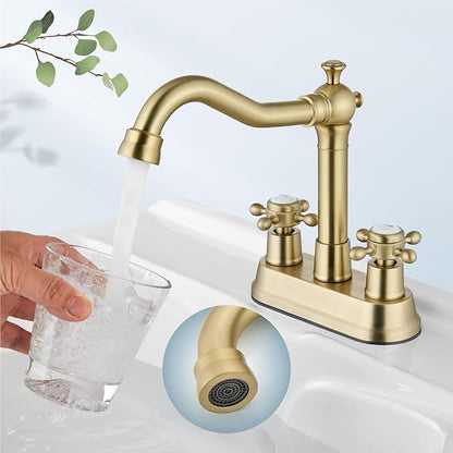 Aolemi 4 Inch Centerset Bathroom Sink Faucet Vintage 2 Cross Handle RV Mixer Tap Basin Vanity Lavatory Utility for Sink 3 Hole Include Hoses Pop Up Drain Faucet Handle with Label Brushed Gold