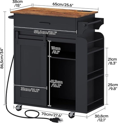 YATINEY Kitchen Island with Storage, Mobile Kitchen Cart with Charging Station, Kitchen Island on Wheels, Rolling Island Table with Sliding Cabinet Door, Black and Rustic Brown ZD01UBR