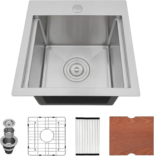 15 Inch Drop In Bar Sink Wet Bar RV Sink 16 Gauge Stainless Steel Single Bowl Handmade Small Kitchen Sink 15"x15"x9"