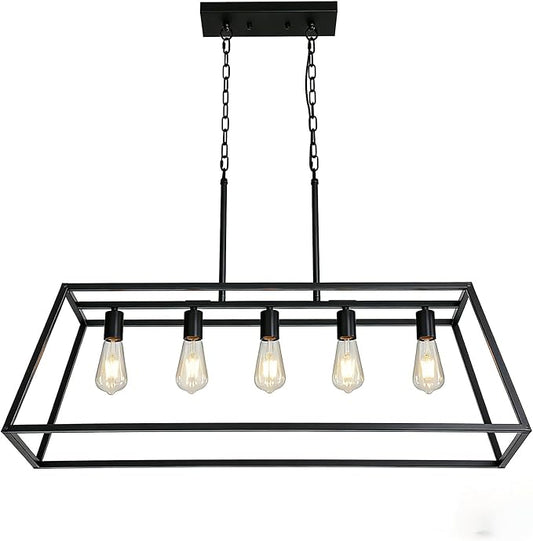 Black 5-Light Farmhouse Kitchen Island Lighting, Modern Industrial Linear Rectangle Chandelier Pendant Light Fixtures, Metal Vintage Cage Chandelier for Dining Room Kitchen Bar Foyer, E26 Base