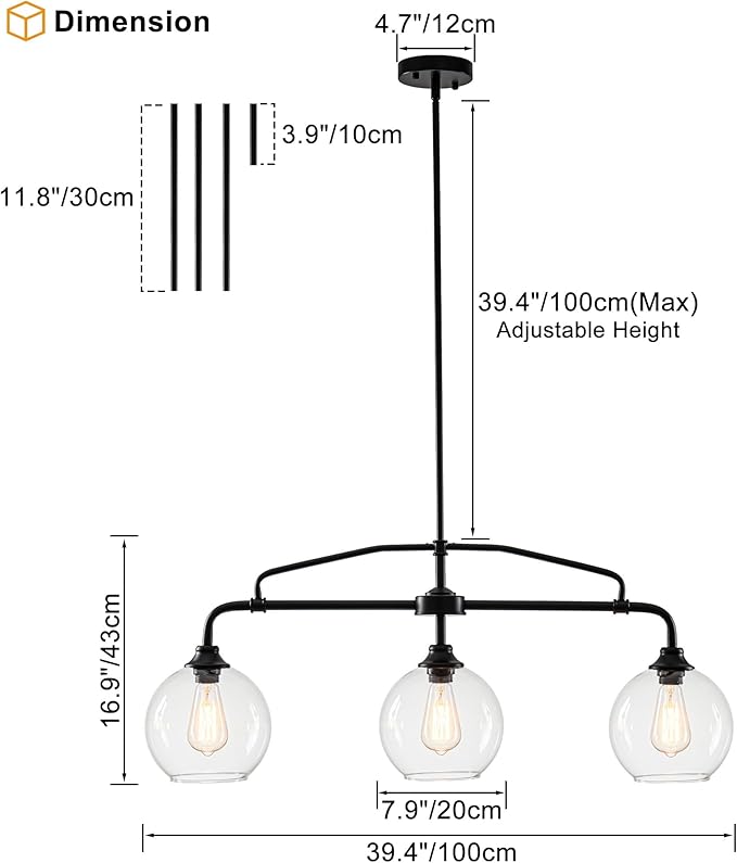 Modern Linear 3-Light Black Chandelier with Framed Arms, Industrial Kitchen Island Pendant Light Fixture with Clear Glass Globes, Ceiling Bar Lighting for Dining Table, Pool Table