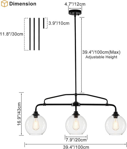 Modern Linear 3-Light Black Chandelier with Framed Arms, Industrial Kitchen Island Pendant Light Fixture with Clear Glass Globes, Ceiling Bar Lighting for Dining Table, Pool Table