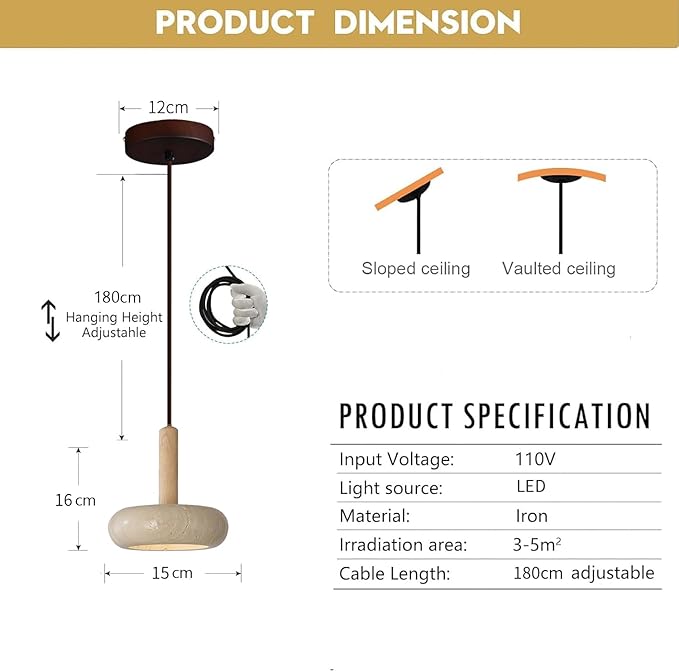 Japanese Wabi sabi Pendant Light with Natural Stone Shade, Dimmable Modern Wood Hanging Lamp Fixture, Adjustable Height Pendant Lamp for Bedroom, Kitchen Island, Dining Room, Restaurant, Cafe, Bar (E)